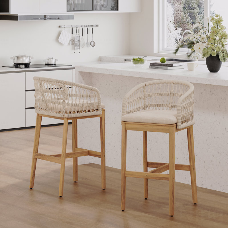 Ensemble de 2 tabourets de bar d'extérieur en bois et bois fini teck avec coussin beige