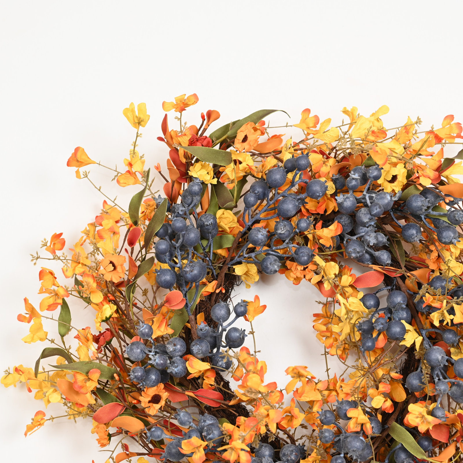 24" Handcrafted Berry Thanksgiving Wreath, Yellow;Blue