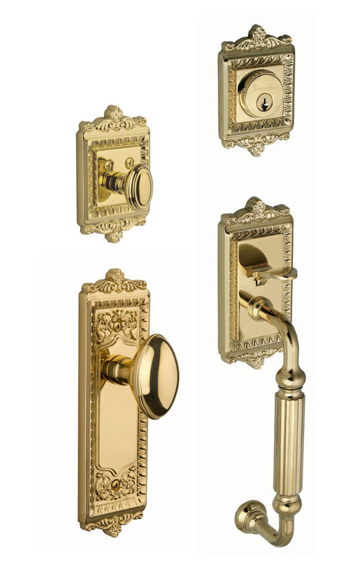 Jeu poignées avec bouton de porte verrou et eden et rosette à cylindre simple Windsor, Laiton intemporel