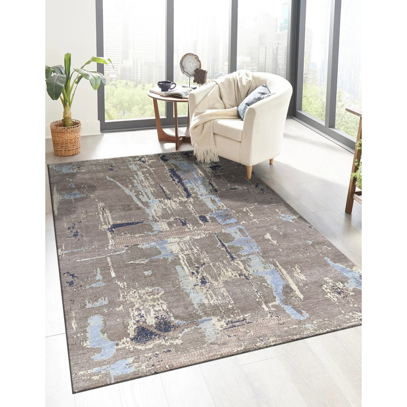 Tapis gris en laine noué à la main Clara, Rectangle 7 pi 10 po x 10 pi