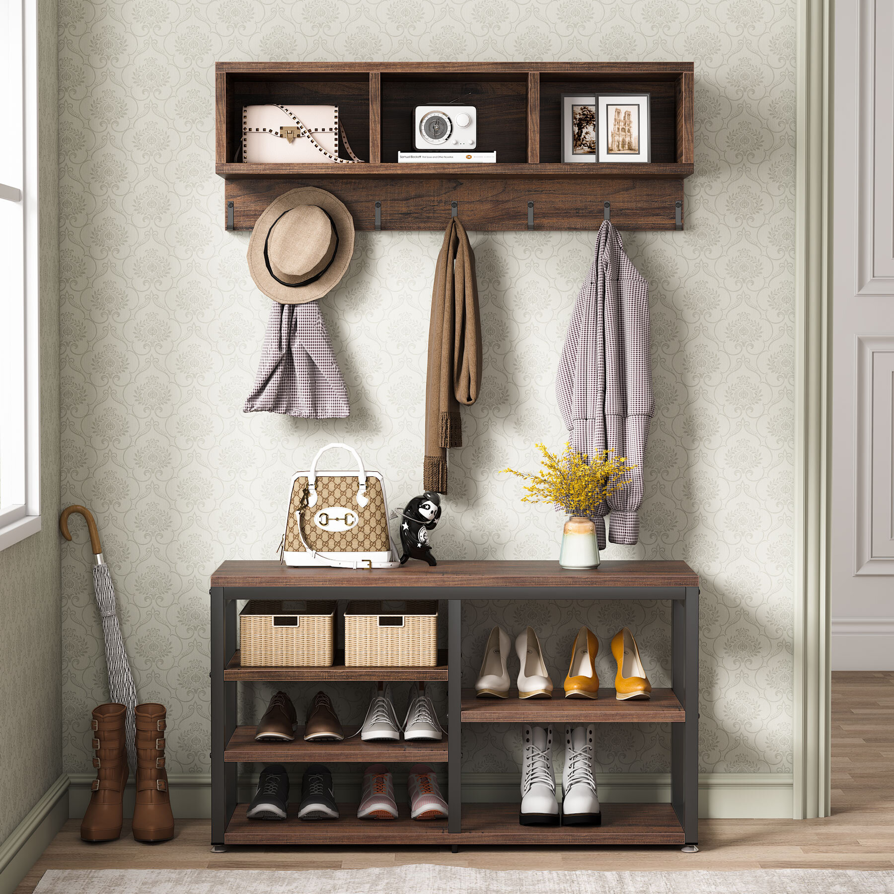 Rustic Style Entryway Shoe Storage Bench Shoe Rack with 2 Tier Shelves and  2 Basket 31.5