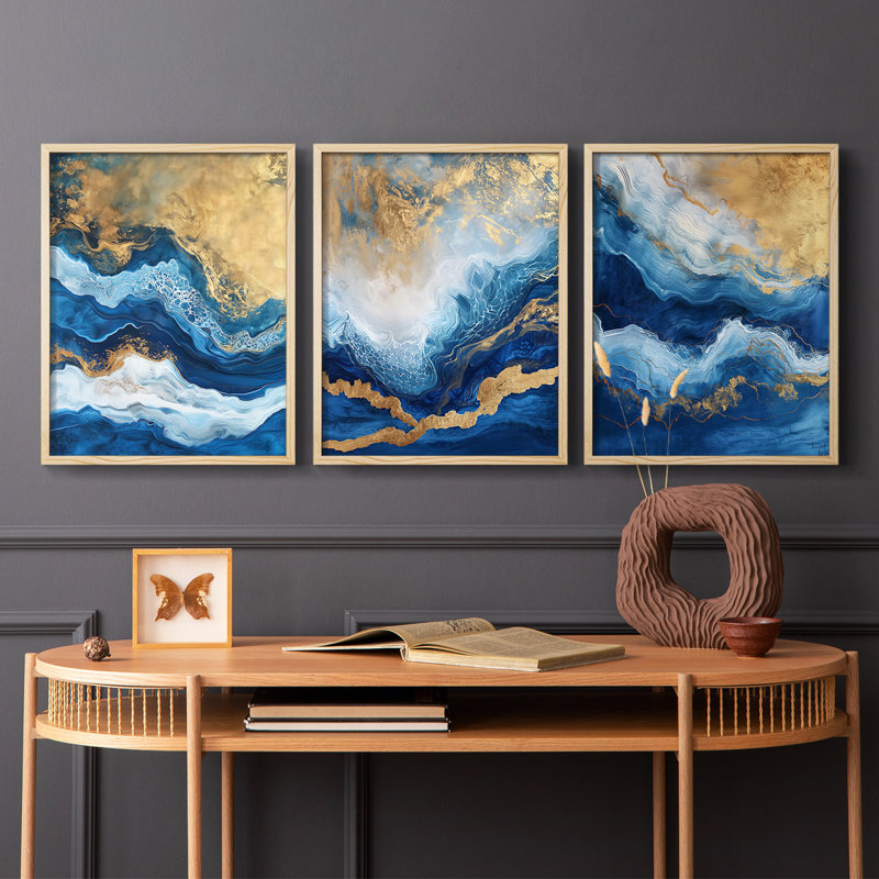 Abstract  Series  CXL  -Set Of 3 Framed Giclee Prints -Ready to Hang, 10" H x 8" W, Natural Framed