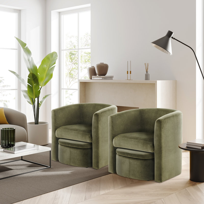 Kyah Upholstered Barrel Chair with Footstool, Green Velvet