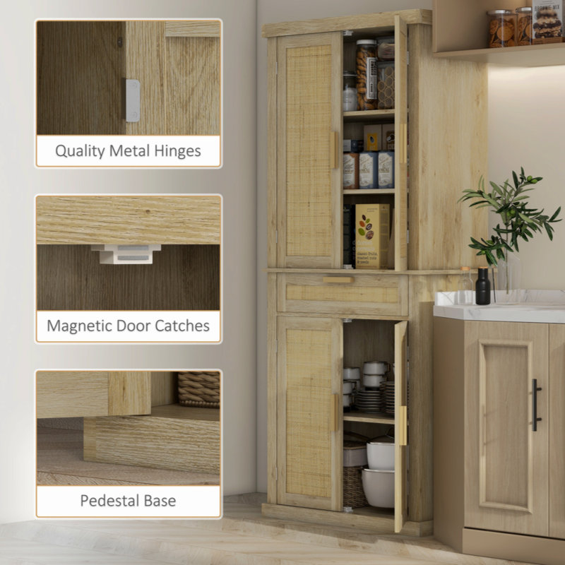 Oak and Rattan 72" Tall Kitchen Pantry Storage Cabinet
