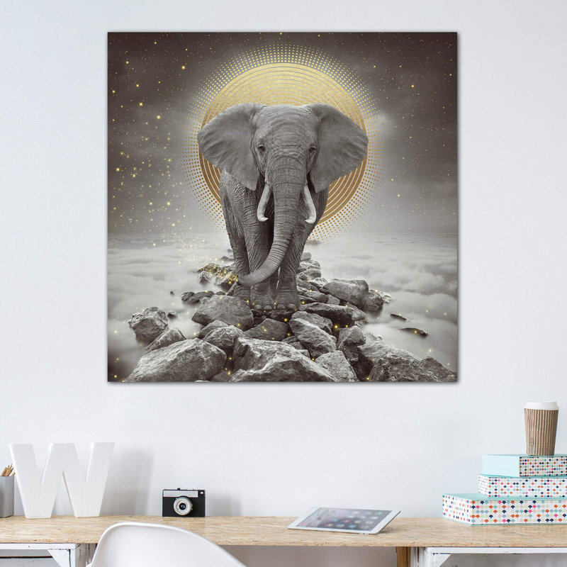 «Elephant - on Rocks Stay Gold» par Soaring Anchor Designs - impression d'art graphique, H 48 po x l 48 po x 1,5 po