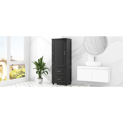Grande armoire de rangement pour salle de bain, armoire de rangement autoportante avec deux tiroirs et tablette réglable, panneau de fibres à densité moyenne avec finition peinte