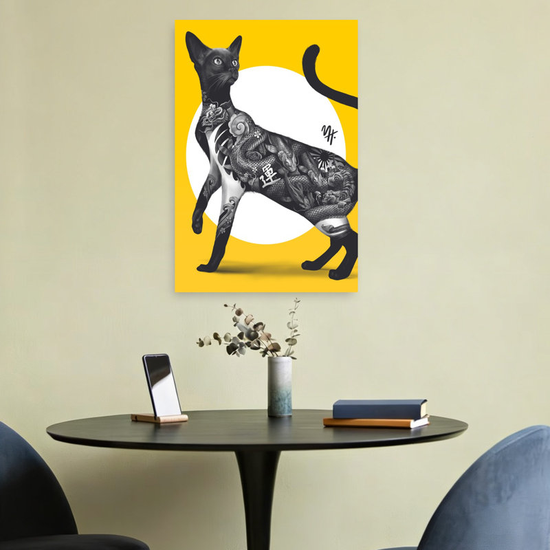 Japanese Tattoo Cat Modern Contemporary Cat Fish Wall Art Print 1 Piece Wrapped Canvas Wall Art, 60.96cm H x 40.64cm W