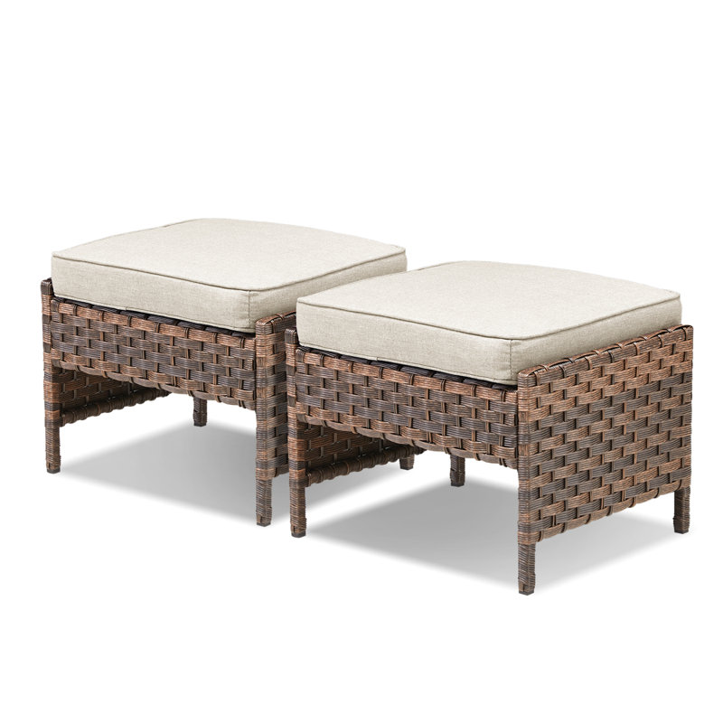 Outdoor PE Wicker Ottomans Set Of 2, Patio Brown Rattan Footrests With Beige Cushion For Backyard Or Deck, Beige