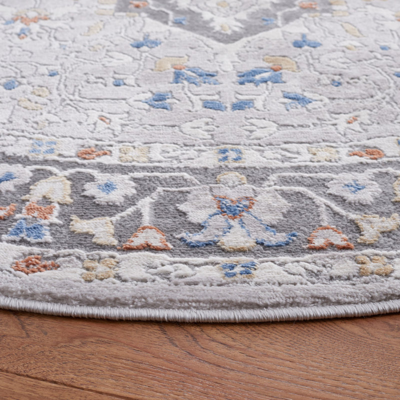 Tapis oriental en polypropylène / polyester tissé à la machine en gris / bleu, Rond 6 pi 7 po