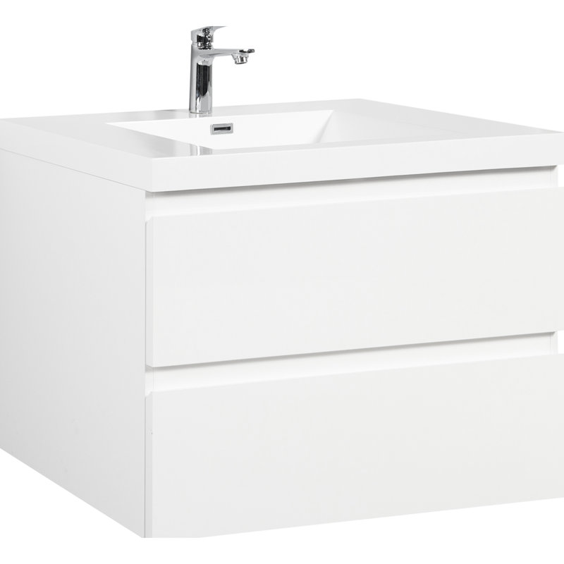 Armoire de salle de bain flottante 36 po avec lavabo, comptoir en résine blanc brillant moderne et tiroirs à fermeture en douceur, solution de rangement énigme envoûtante