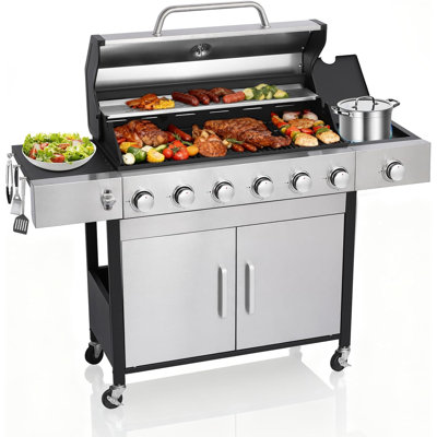 Barbecue au propane à 6 brûleurs avec brûleur latéral | Barbecue en acier inoxydable pour l'extérieur avec foyer en émail, roues et allumage automatique pour la cuisson sur le patio ou dans la cour arrière