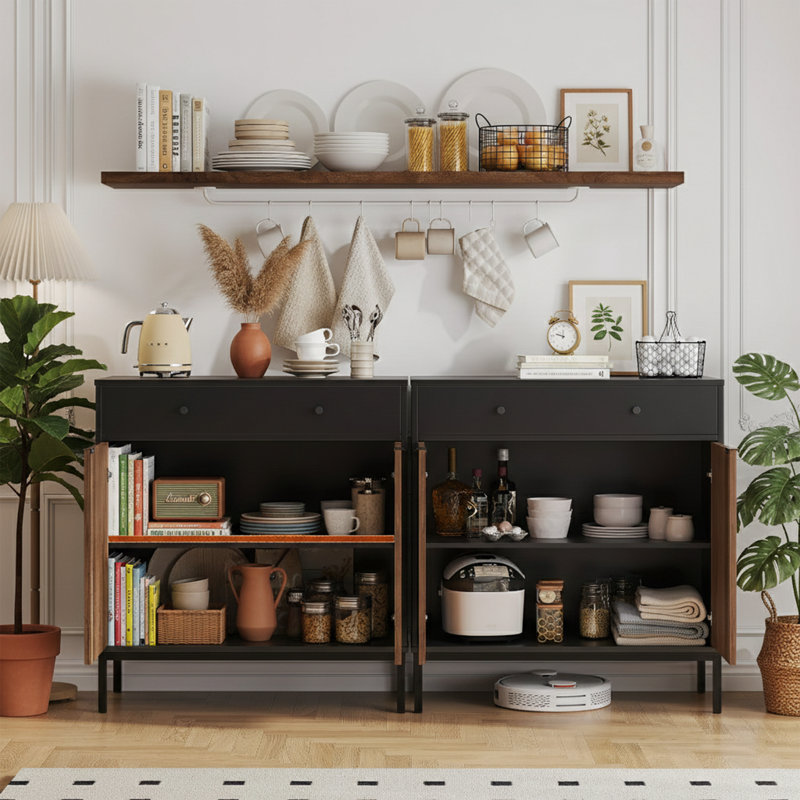 31" Wide Fluted Buffet Sideboard Cabinet With Adjustable Shelves And Drawer - Grey, Black/Walnut