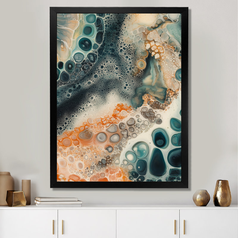 Récif corallien en mouvement fluide I - Tableau abstrait acrylique encadré, 32" H x 16" W, Black Picture Framed