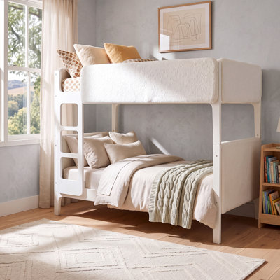 Lit superposé simple au-dessus de simple pour enfants, lit superposé en sherpa moelleux avec tête de lit, pied de lit et garde-corps épais