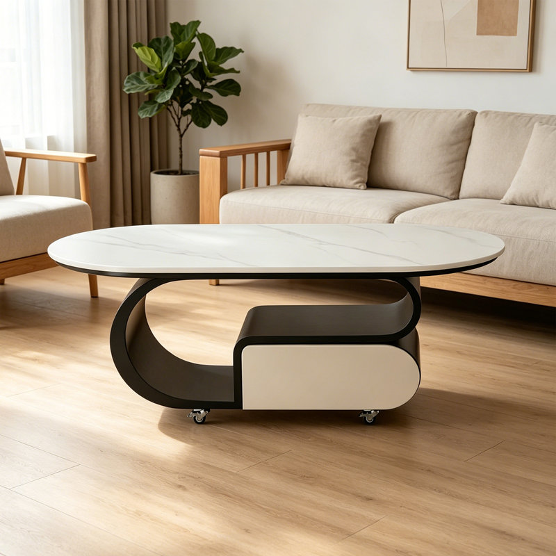 Modern Light Luxury Cream Coffee Table, White/Gray, 17.71" H x 51.18" L x 27.55" W, Black/White