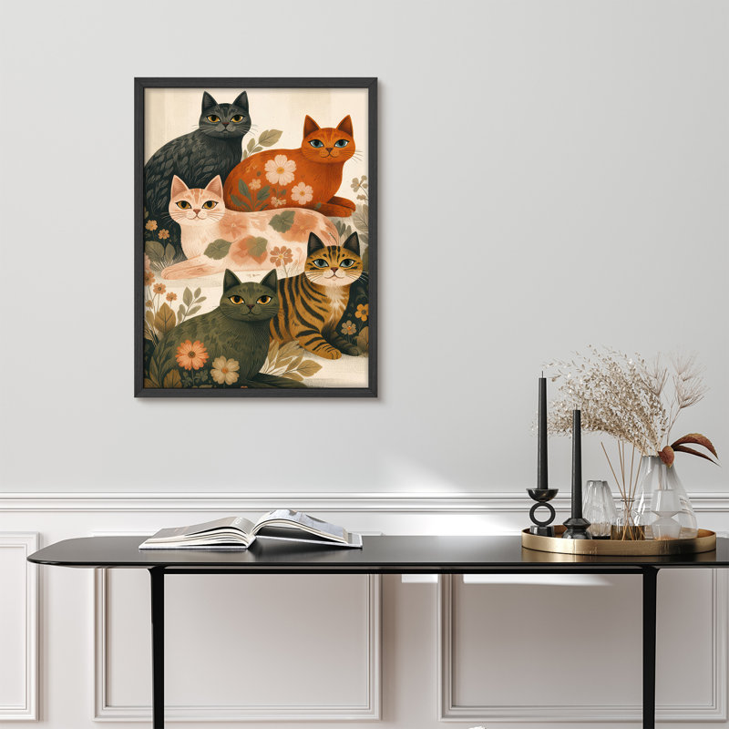 Floral Cat Collection Pattern Framed Wall Art Prints - Decorative cats with flowers, for living room or bedroom, Noir