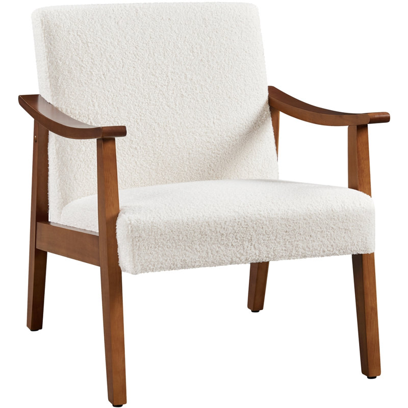 Fabric Mid-Century Modern Armchair, Ivory Boucle/Brown