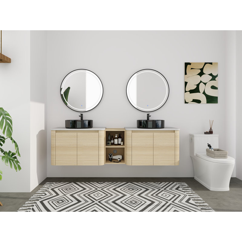 Meuble-lavabo mural 72 po à double cuve - 5 options de couleur de cuve (motifs blanc / noir / marbre) + armoire en bois clair et tablette centrale ouverte (type D)