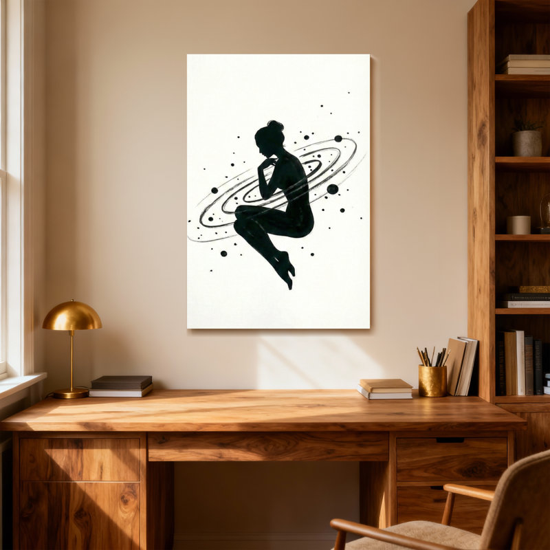 Silhouette abstraite femme avec anneaux et étoiles cosmiques, H 36 po x l 24 po