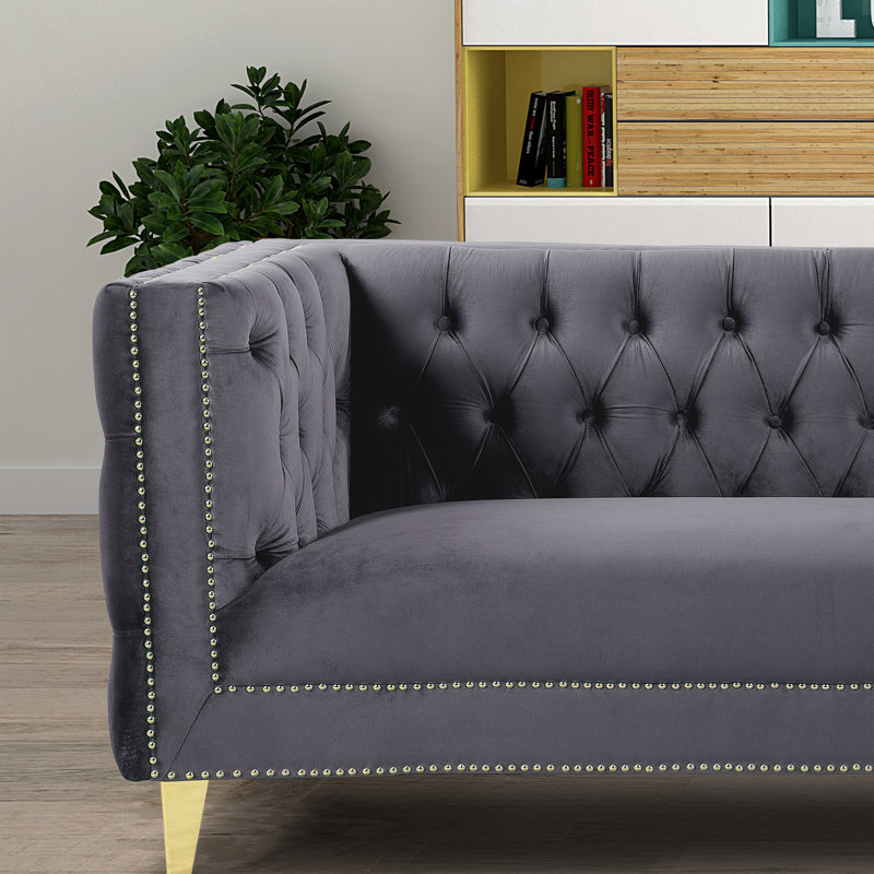 Canapé en velours de luxe Arnav, 86 po de largeur, fabrication solide, entièrement assemblé, Velours gris velours
