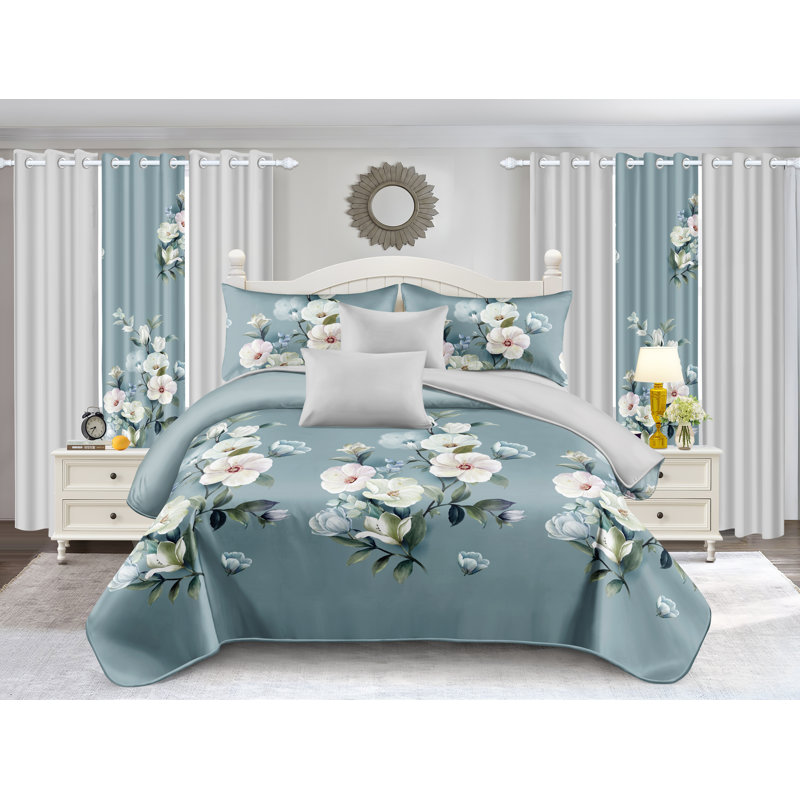 9pcs Quilt Bedding Set Lake Blue Floral Bedspread California King Size for Bedroom, Lightweight Comforter with 2 Pillow Shams, 6 Matching Curtains 92x106In
