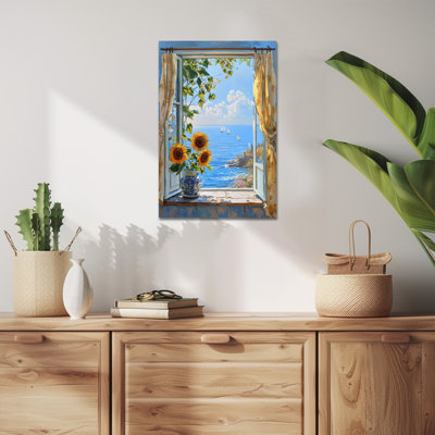 Flower Canvas Wall Art, Rustic Sunflower Painting Window View Coastal Prints, Vibrant Floral Pictures Country Artwork Decor for Bathroom Bedroom Living Room, 12x16 inches