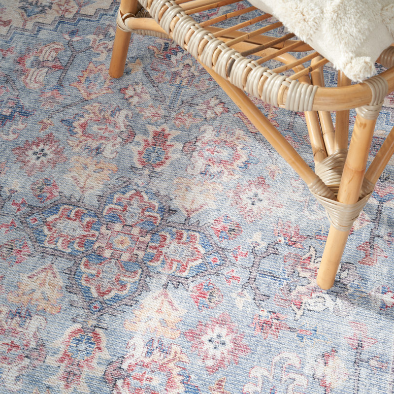 Machine Washable Oriental Blue/Red Area Rug, Rectangle 4' x 6'