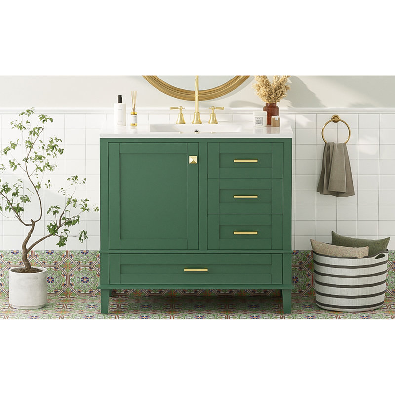 Meuble-lavabo 36 po en pin massif et 3 tiroirs, lavabo en céramique, meuble-lavabo moderne au design fonctionnel, cadre, beauté intemporelle
