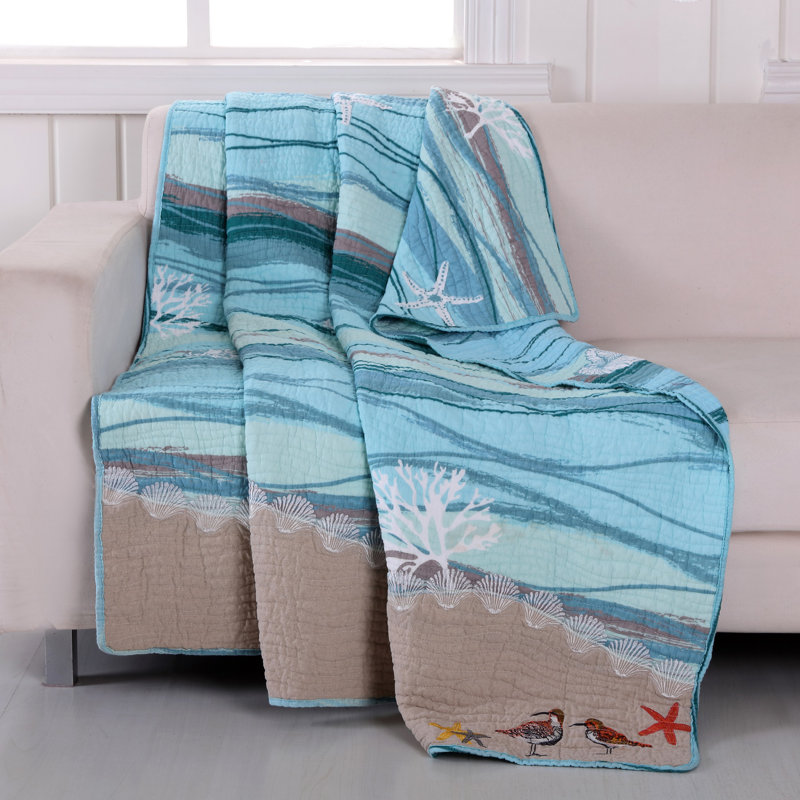 Greenland Home Fashions Maui Throw – 50" x 60" Tropical Floral Cotton Blend Quilted Blanket with Reversible Design
