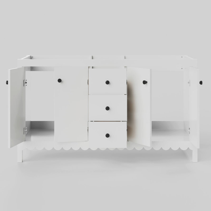Meuble-lavabo à double cuve festonné 60 po - blanc - sans comptoir - boutons noirs, Blanc, Noir mat