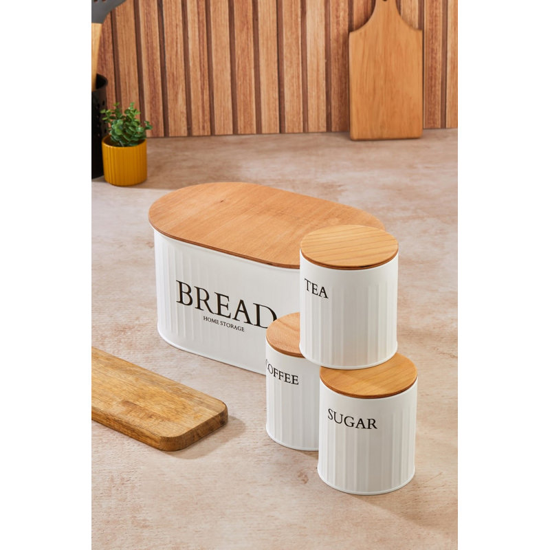 Durable Metal Storage Box Set (4 Pieces), White, 11.8 x 7.5 x 5.9 in (1 Bread Box) & 3 Boxes 3.9 x 4.3 x 3.9 in | 100% Metal Construction, Wooden Lids | Stylish Organization for Kitchen & Pantry, Space-Saving Design