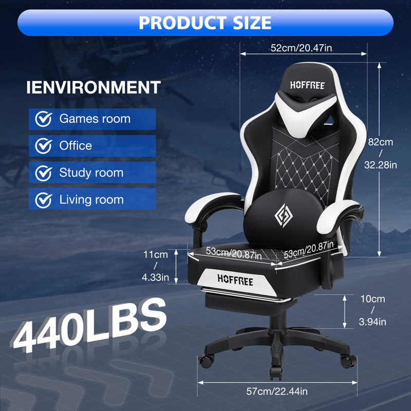 Inbox Zero Adjustable Reclining Ergonomic Faux Leather PC & Racing Game Chair with Bluetooth Speakers and Vibration Lumbar Pillow