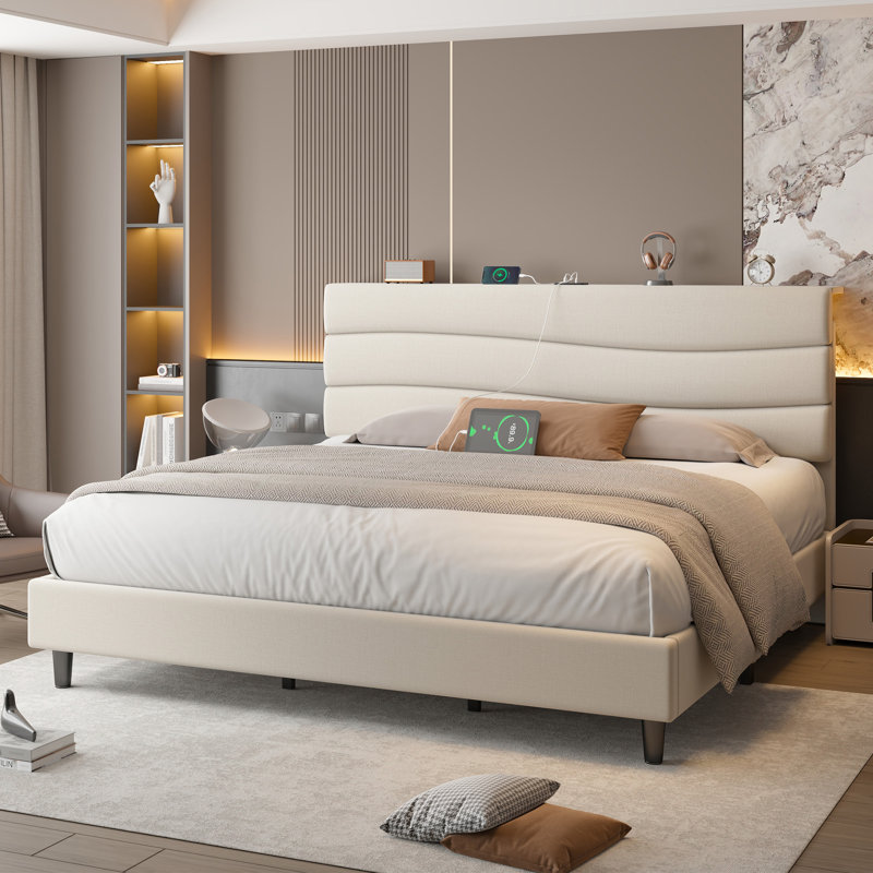 Upholstered Storage Bed with Charging Station, Beige, King