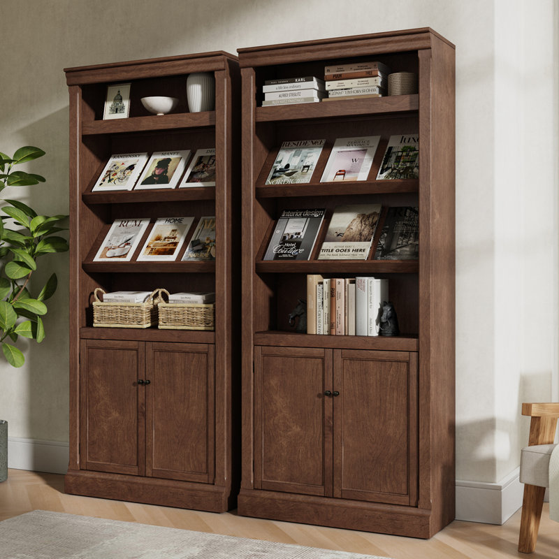 Bibliothèque transitionnelle à cadre en bois massif H 78 "x l 33,5" avec tablette multi-usage, Noyer