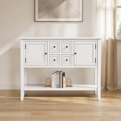 Console polyvalente polyvalente avec beaucoup de rangement, quatre tiroirs, deux grandes armoires, une tablette inférieure ouverte, une fabrication en bois robuste, un style rétro élégant