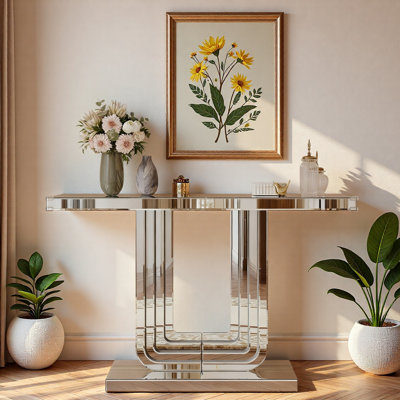 Console à miroir argentée avec base en U et lignes épissées à la main