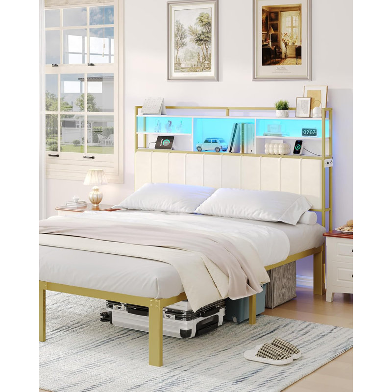 Headboard with 3-Tier Storage Shelves, Velvet Upholstered Head Board with 2 Outlets, USB Ports & LED Light, Soft Backrest
