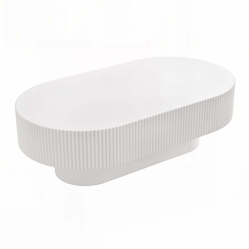 Modern Cream Oval Coffee Table Fluted Drum Design Thick Tabletop White Living Room End Table, White