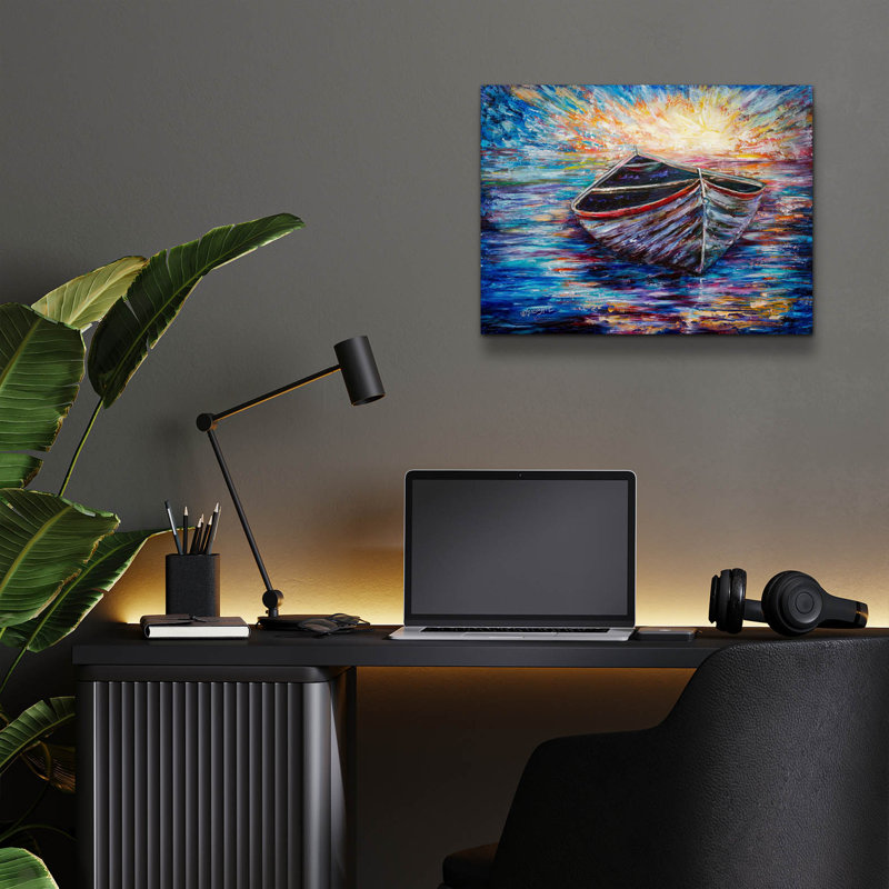 «Wooden Boat At Sunrise» par Lena Owens, H 12 po x l 16 po x P 0,13 po