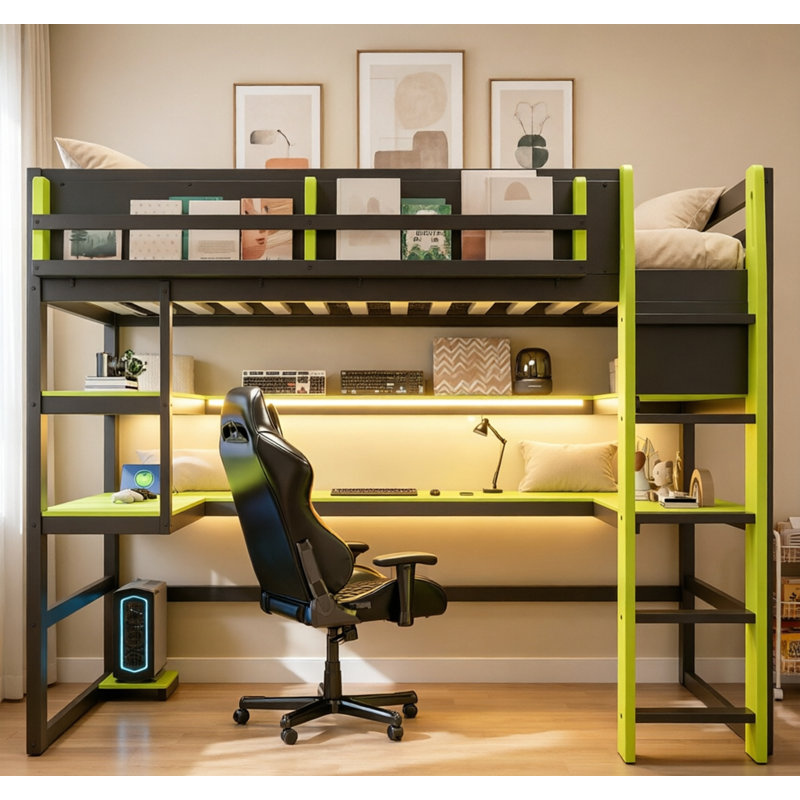 Lit mezzanine simple en bois avec bureau, support de rangement latéral, tablettes à plusieurs rangements et lumière RVB pour jouer et étudier