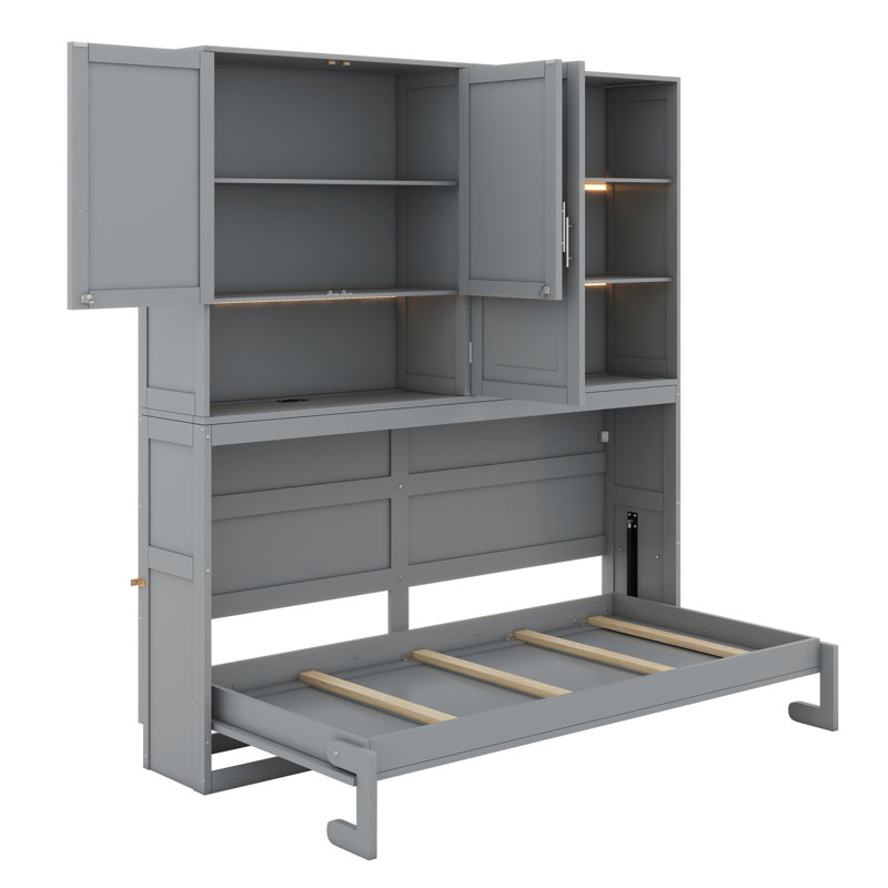 Lit escamotable mural avec armoire supérieure, tablettes, lit pliable peu encombrant avec éclairage et port USB, gris
