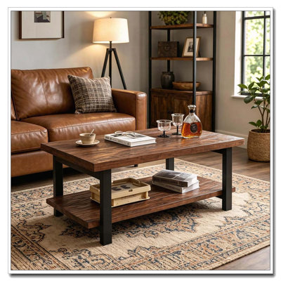 Rustic Rectangle Coffee Table with 2-Tier Storage