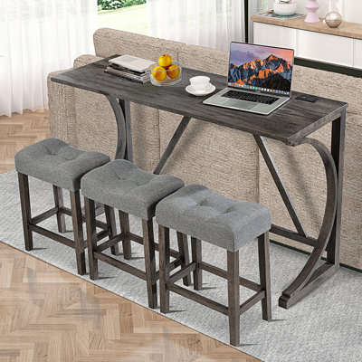 Ensemble de table de bar 4 pièces avec prise de courant, ensemble de table de bar et chaises, ensemble de table de bar avec 3 tabourets rembourrés pour le salon, la salle à manger, la salle de jeux, gris foncé