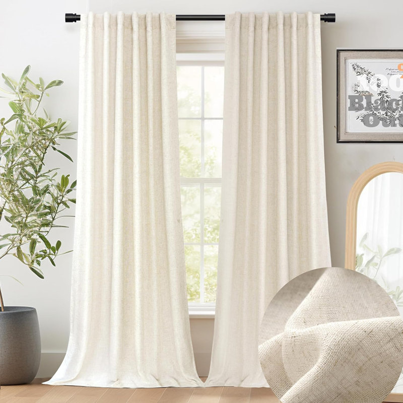 Goffredo 100% Blackout Natural Linen Curtains for Bedroom  Double Layer Drape Farmhouse Thermal Insulated Rod Pocket Back Tab Full Light Blocking 2 Panels for Living Room Nursery