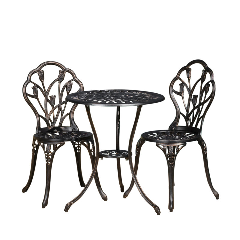 Ensemble bistro 3 pièces en aluminium coulé à finition cuivre avec table ronde et deux chaises pour patio et jardin, Black