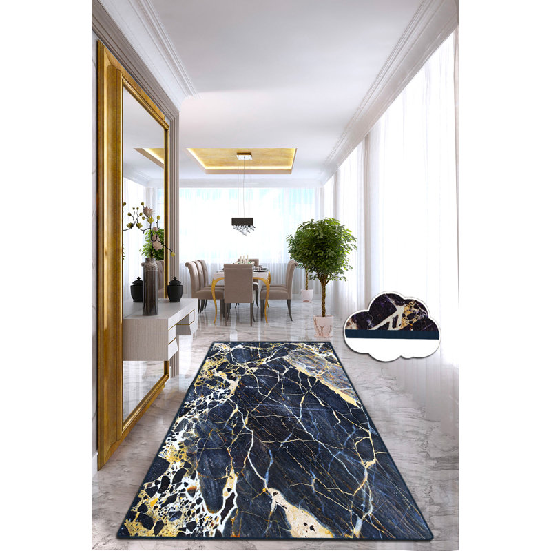 Luxurious Hall Carpet, Navy Blue & Gold, 59.1 x 118.1 inches | 100% Polyester, 0.2 in Pile Height, Antibacterial, Non-Slip Felt Dot Underside | Machine Washable, Elegant Design for Living Room & Entryway