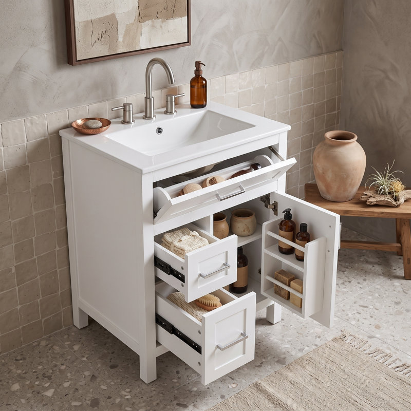 Meuble-lavabo 24 po avec lavabo en céramique, 3 tiroirs, support de porte et tablette réglable, Blanc