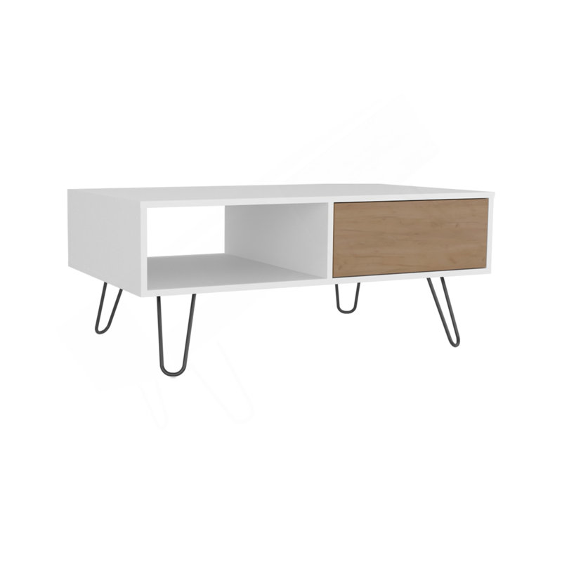 Table basse Tori de 39 po de large avec un tiroir, une tablette, rectangulaire, blanc et chêne naturel
