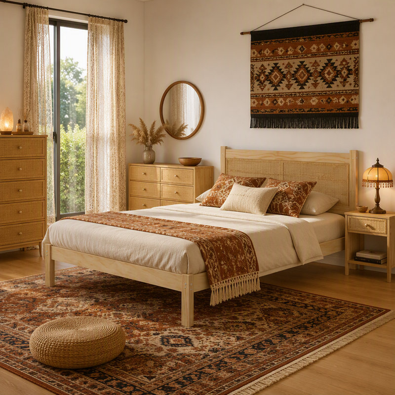 Base de lit plateforme avec tête de lit, support en lattes de bois, Très grand lit, Natural