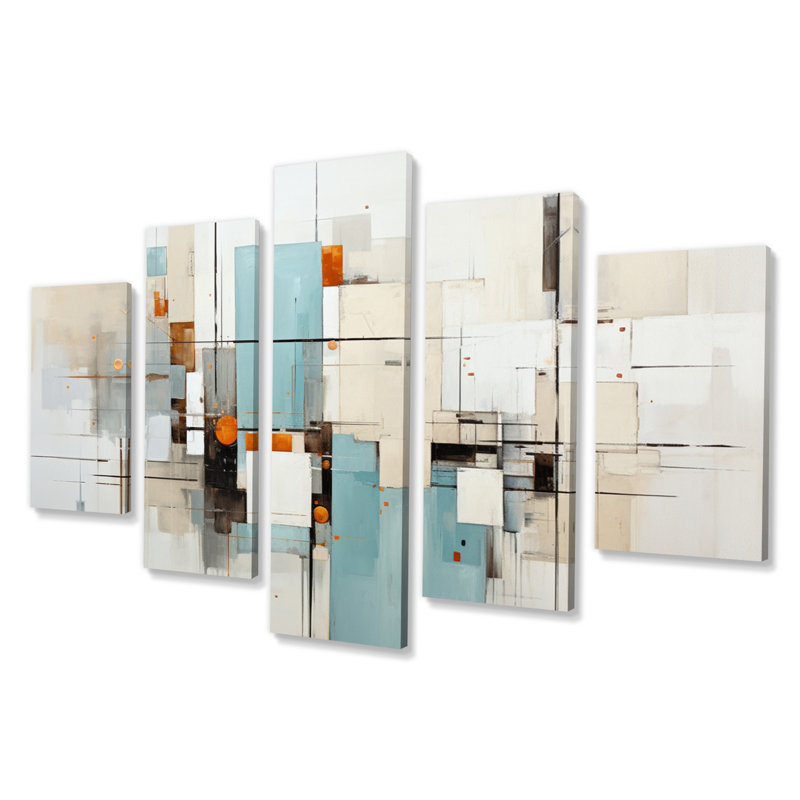 «Beige bleu sarcelle» - 5 panneaux abstraits